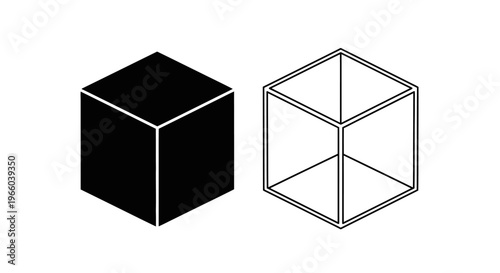 Isometric illustration of a solid black cube and a wireframe cube