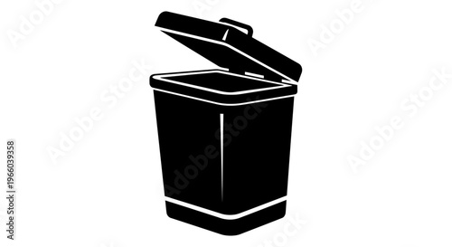 Simple black and white graphic of an open waste bin or trash can
