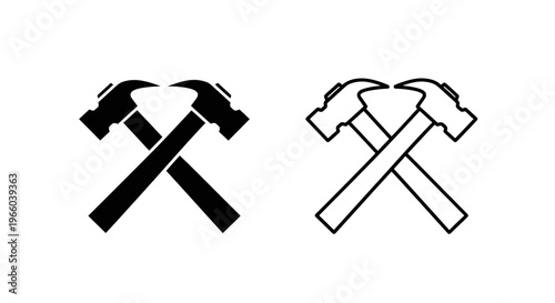 Two crossed hammers in black and white depicting construction tools