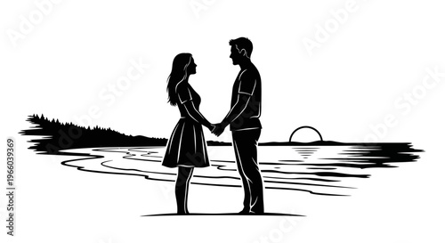 Silhouetted couple holding hands on a beach at sunset