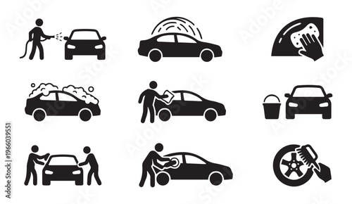 Car wash service icons: cleaning, soap, water and auto detailing