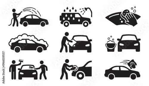 Car wash icons set: cleaning, washing and detailing services