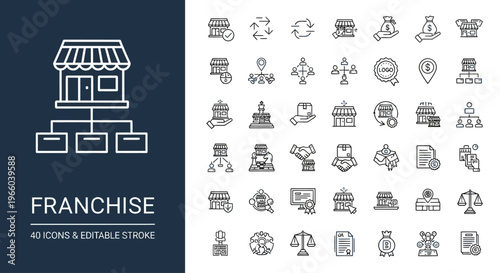 Modern Outline Icons Set Illustrating Franchise Business Models, Network Expansion, and Management Systems in Editable Vector Format