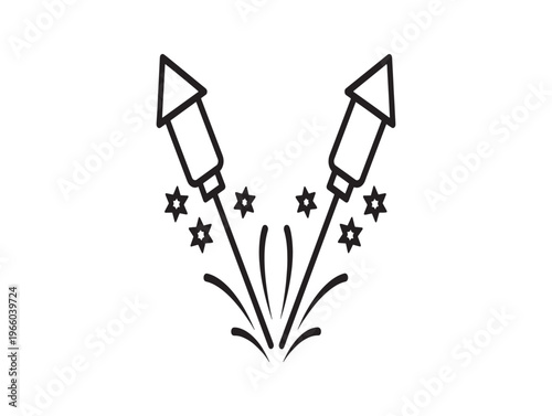 A stylized illustration of two rockets launching into space with starburst effects
