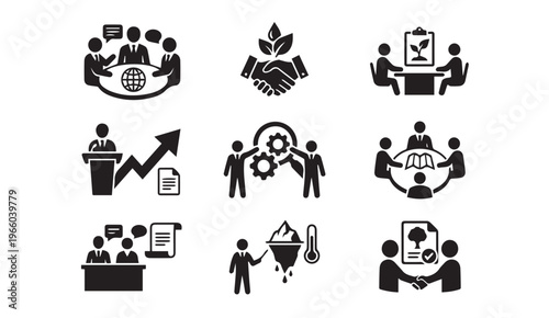 Business icons: collaboration, growth, and green initiatives