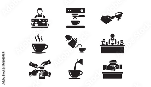 Coffee making icons: barista, espresso machine, serving coffee
