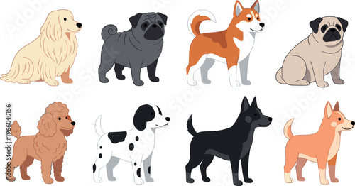 Cartoon Dogs Collection: Pug, Poodle, Shiba Inu, Golden Retriever, and More