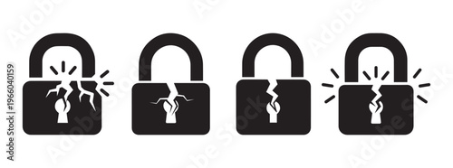 Set of black icons representing broken locks and security failure