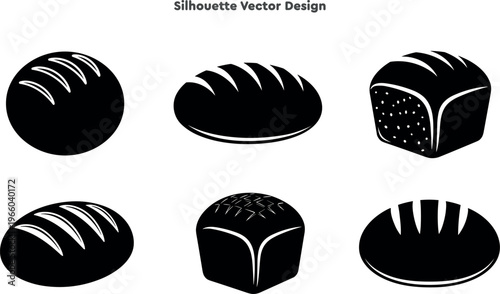 Silhouette set of bread loaves and bakery food products. Vector set of fresh pastry and organic wheat flour symbols. Breakfast cooking icons for design. Professional vector illustration