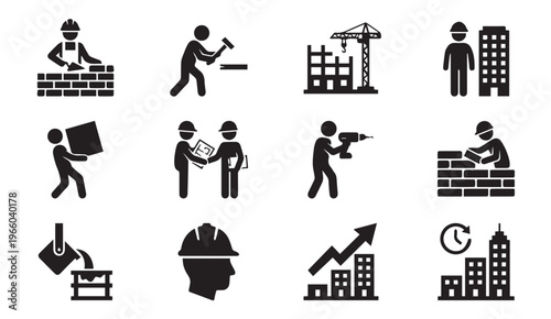 Construction icons set: workers, buildings, cranes, and tools, construction site