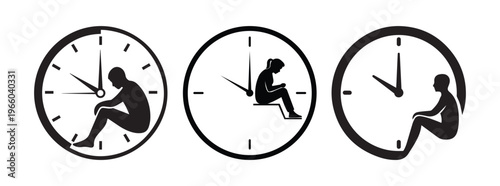 Three abstract clocks showing sad silhouettes of people inside, representing time passing and existential dread, loneliness, or waiting, mental health