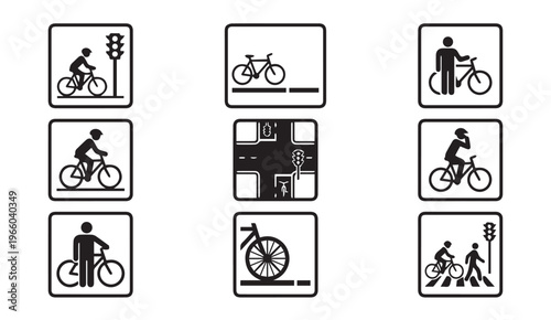 Bicycle lane and cyclist safety signs icons