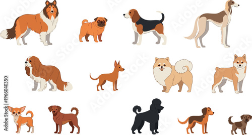 Cartoon Dog Set with Various Breeds including Poodle, Pug, Beagle, and More