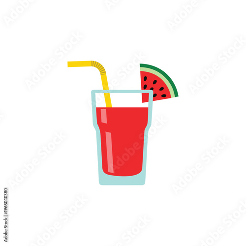 Refreshing watermelon juice in a tall glass with straw and fruit garnish with flat design