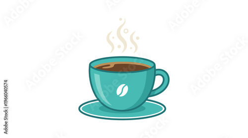 Teal coffee cup with steam rising.