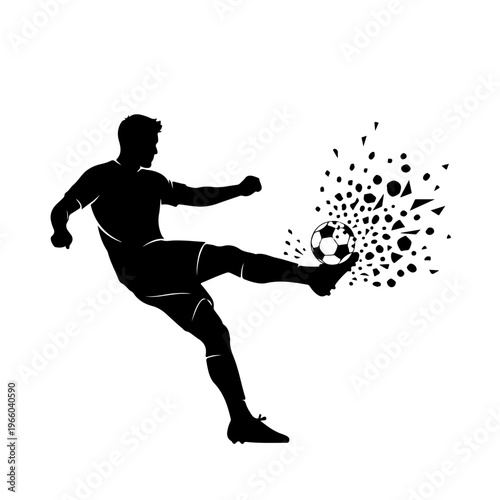 Soccer player kicking ball breaking apart into pieces silhouette