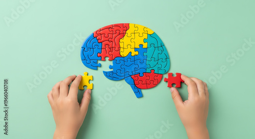 Autism awareness and neurodiversity concept | Child hands assembling colorful brain puzzle | Mental health and cognitive development | Educational brain jigsaw for psychology and therapy