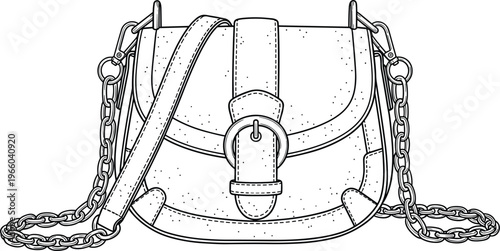 Technical flat sketch of a women's crossbody saddle bag featuring a buckle closure and dual chain and leather strap details.