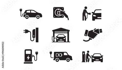 Electric car charging icons: clean energy vehicle power and stations