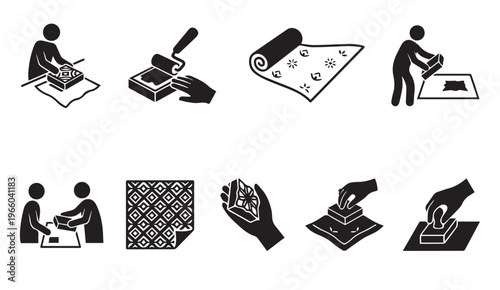 Manual block printing process icons. textile art workshop steps vector set