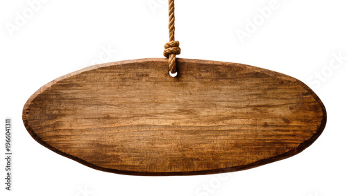 Photos Rustic oval wooden sign hanging by rope, isolated on transparent background
