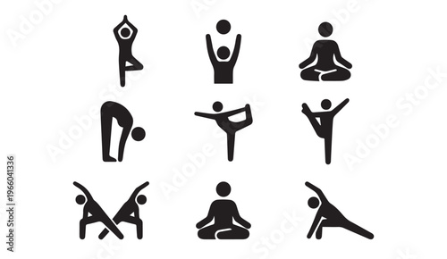 Collection of yoga poses icons for fitness and wellness applications