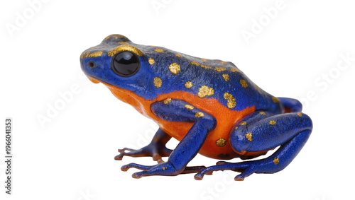 Blue and orange poison dart frog with golden spots, isolated on transparent background