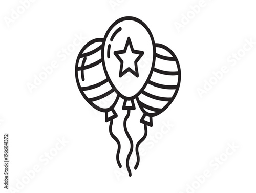 A black and white illustration of three striped balloons with a star on one