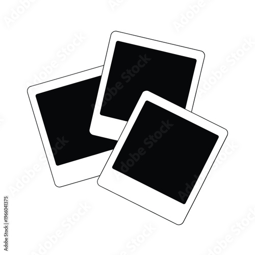 Three instant photographs are stacked slightly askew showcasing blank black frames with white borders high quality