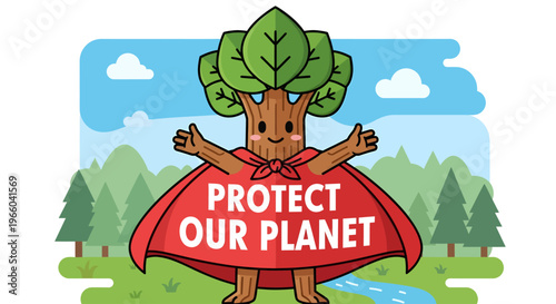 A Cute Tree Character Wearing a Cape with 'Protect Our Planet' Written on It, Standing in a Forest Landscape