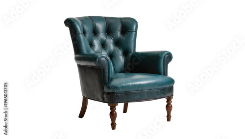 Quadro su tela Teal tufted leather armchair with wooden legs, isolated on transparent backgroun