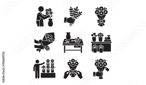 Florist icon set: flower arrangement and delivery process with flower shop