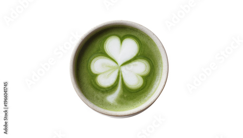 Fotografie Matcha latte with white three-leaf clover art, isolated on transparent backgroun