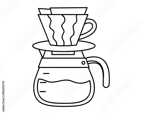 Hand drawn cute outline illustration drip coffee maker. Flat vector hot drink appliance line art doodle. Manual barista coffee brewing. Morning routine sticker. Pour over dripper. Isolated.