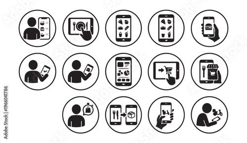 Smartphone app icons: online shopping, navigation, and services, flat design