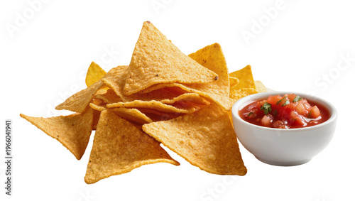 Fotografie Golden tortilla chips and red salsa, isolated on transparent background