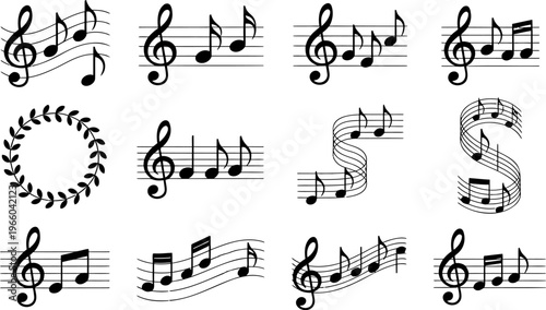 a collection of musical notes and treble clef symbols, useful for music education, composition, or design projects