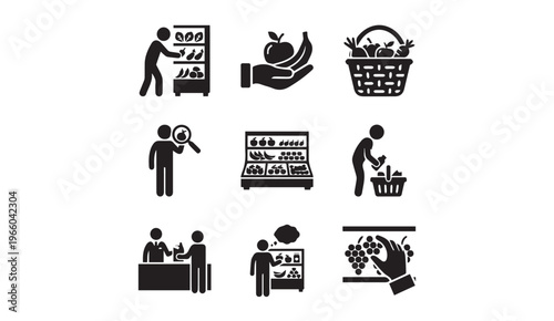Grocery shopping and fresh produce icons set - supermarket consumer retail