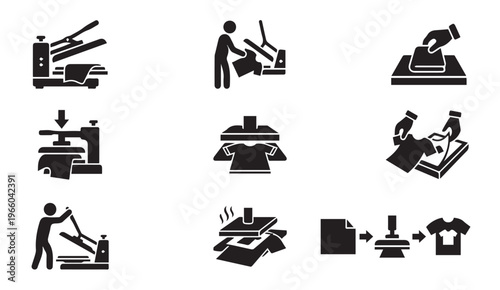 Heat press printing machine icons set - custom t-shirt garment sublimation