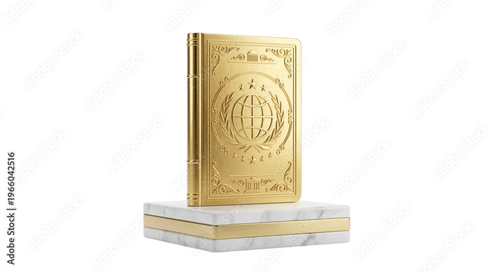 Fototapeta premium Ornate Golden Ledger Symbolizing Global Knowledge and Achievement on Marble Pedestal