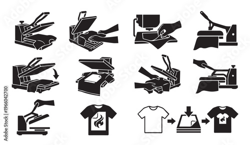 T-shirt printing heat press process icons set - apparel customization graphic
