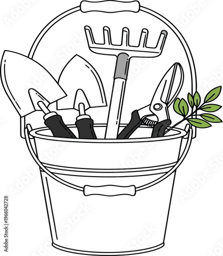 A bucket filled with various gardening tools and a small plant Vector