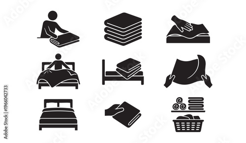 Laundry and bedding pictogram icons for housework and hotel services