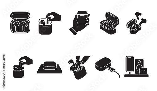 Wireless earbuds and charging case pictogram icons set technology