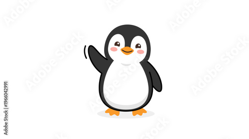 Cute Cartoon Penguin Character Waving.