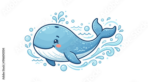 Cartoon Blue Whale Swimming Underwater.