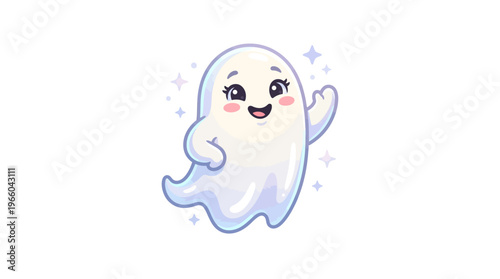 Cute cartoon ghost character smiling sweetly.