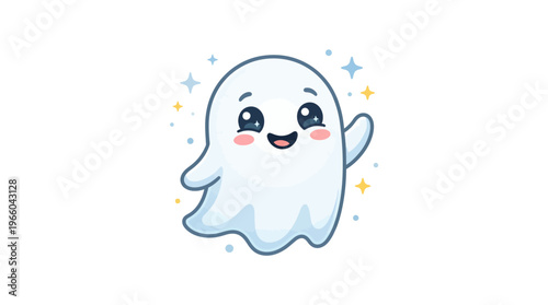 Cute cartoon ghost character smiling.