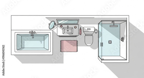 Top-down view of a modern bathroom layout with bathtub, sink, toilet, and shower.