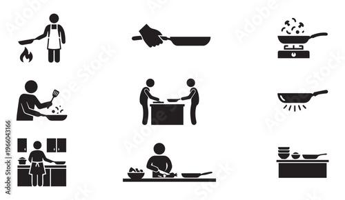 Cooking food preparation and shared meal experience icon set